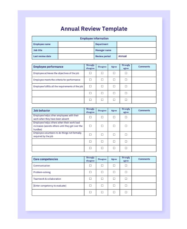 Preview of the annual review template in Word.