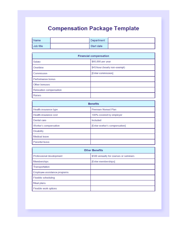 Preview of the compensation package template in PDF.