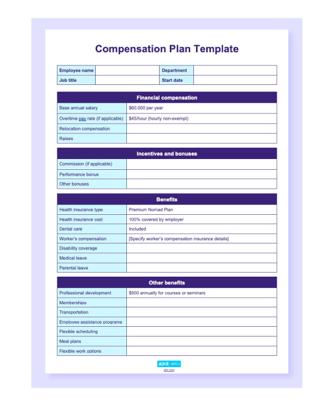 Preview of the compensation plan template in Word.