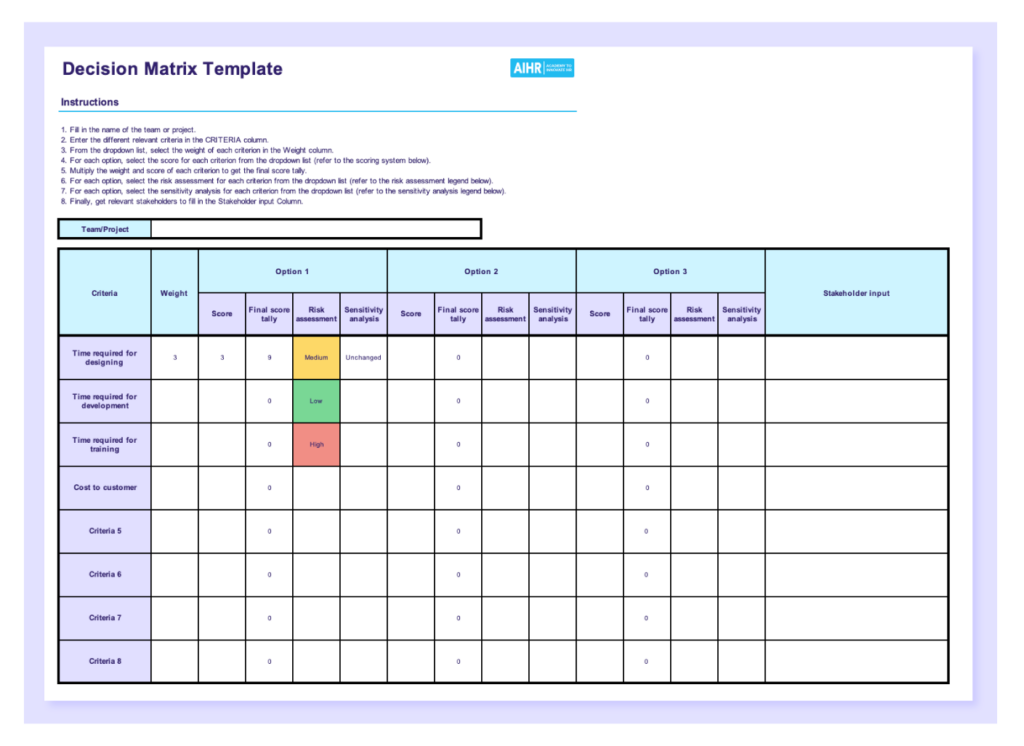 Preview of the decision matrix template in Excel.