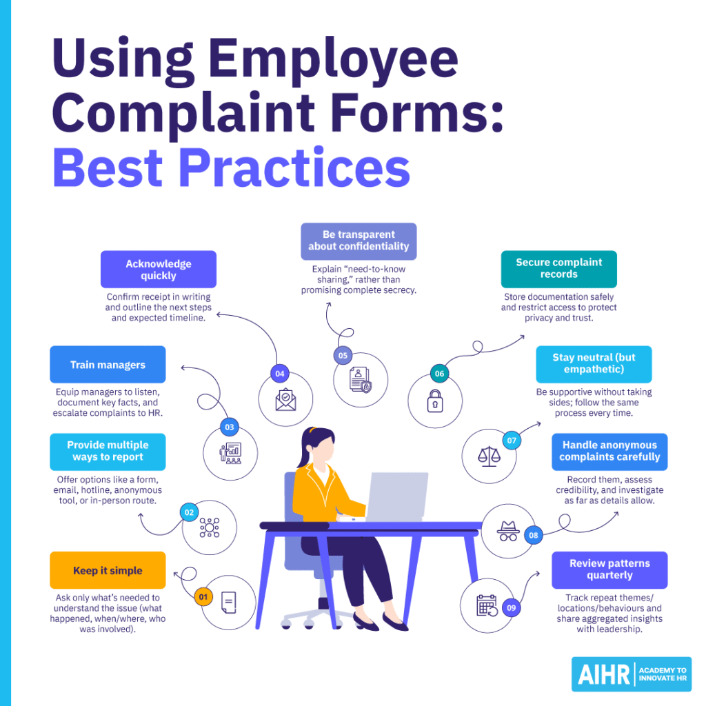 Best HR practices for using an employee complaint form.