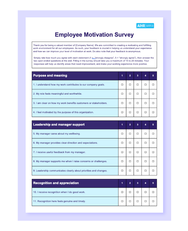 Preview of AIHR’s employee motivation survey in Word.