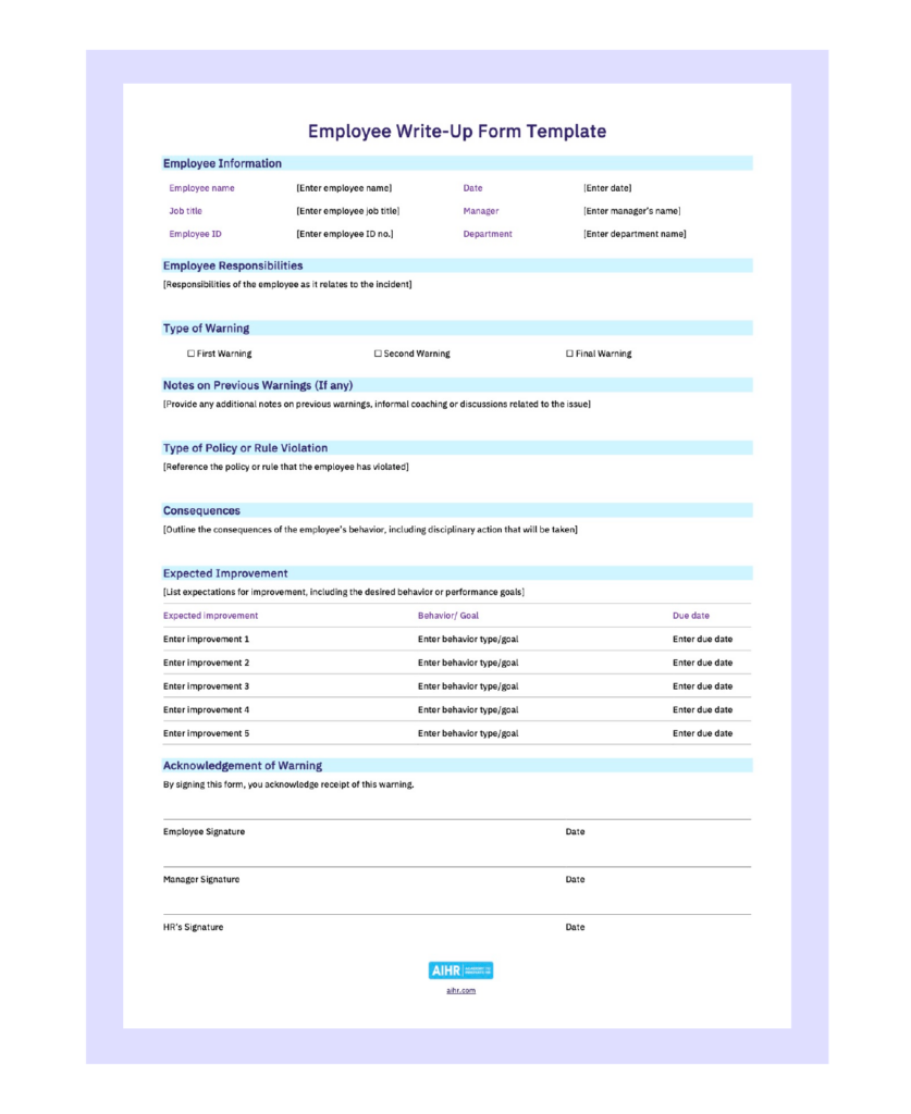 Employee Write-Up Form Template