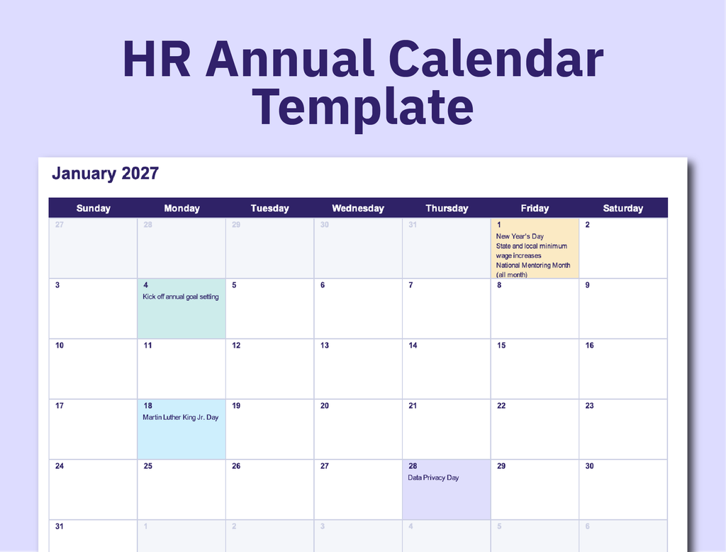 HR annual calendar preview template in Excel.