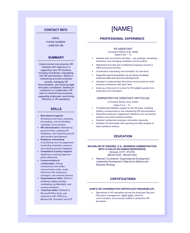 Preview of the HR assistant resume template in Word.