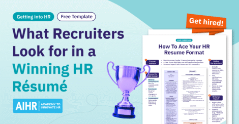 Conceptual depiction of what recruiters look for in a winning HR résumé, with a preview of AIHR's HR résumé format template.