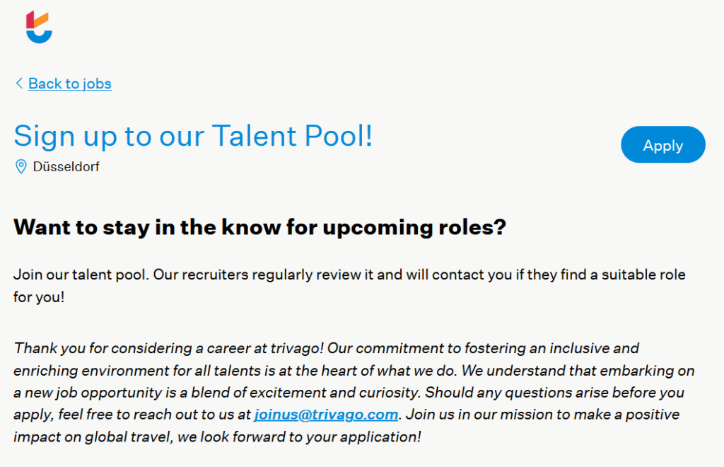 Talent pool example from Trivago.