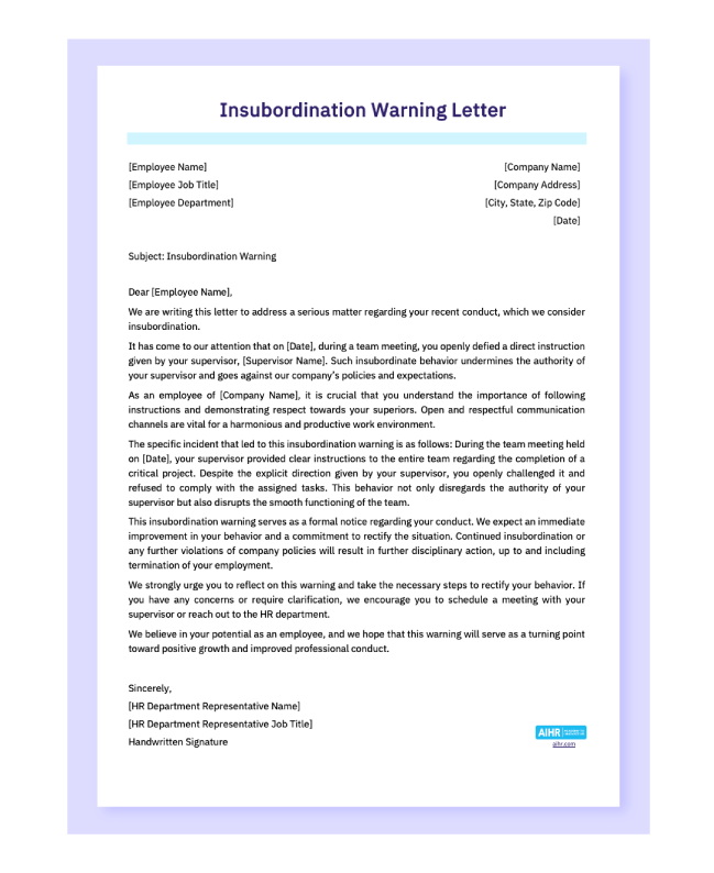 An insubordination warning letter sample.