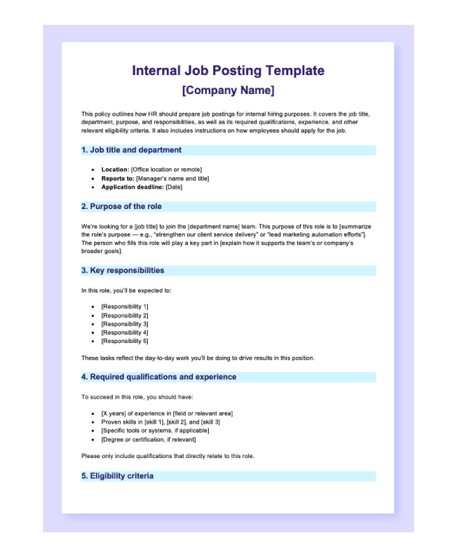 Preview of the “internal job posting template” in Word.