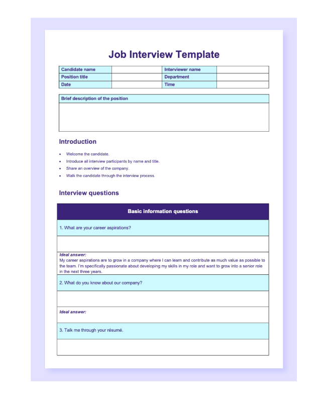 Preview of a job interview template in Word document.