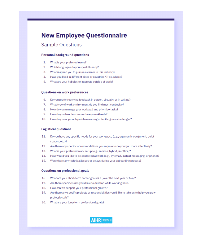Preview of the new employee questionnaire questions in PDF.