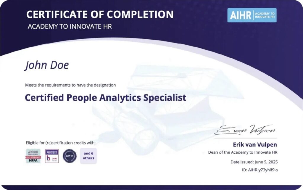 A sample HR analytics course certificate from AIHR.