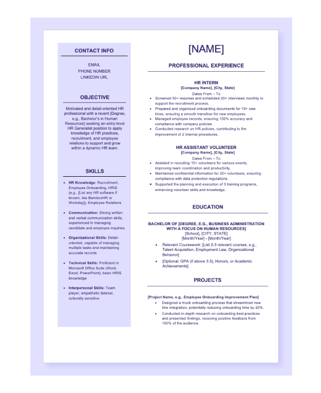 A preview of a one-page HR Generalist resume template.