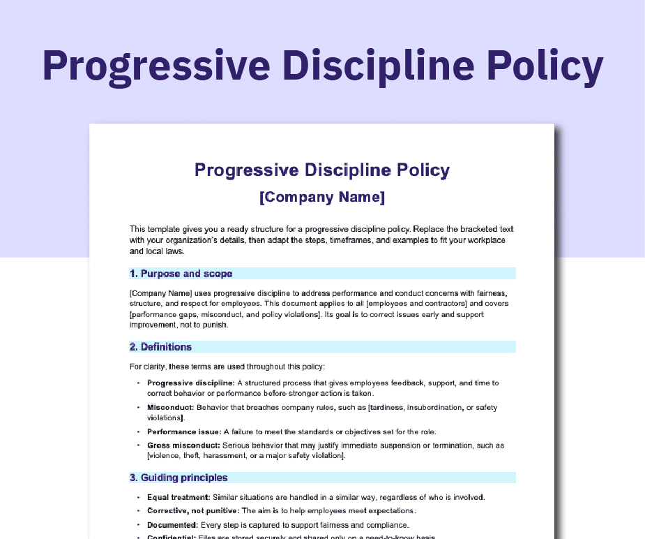 Progressive discipline policy template preview in Word.