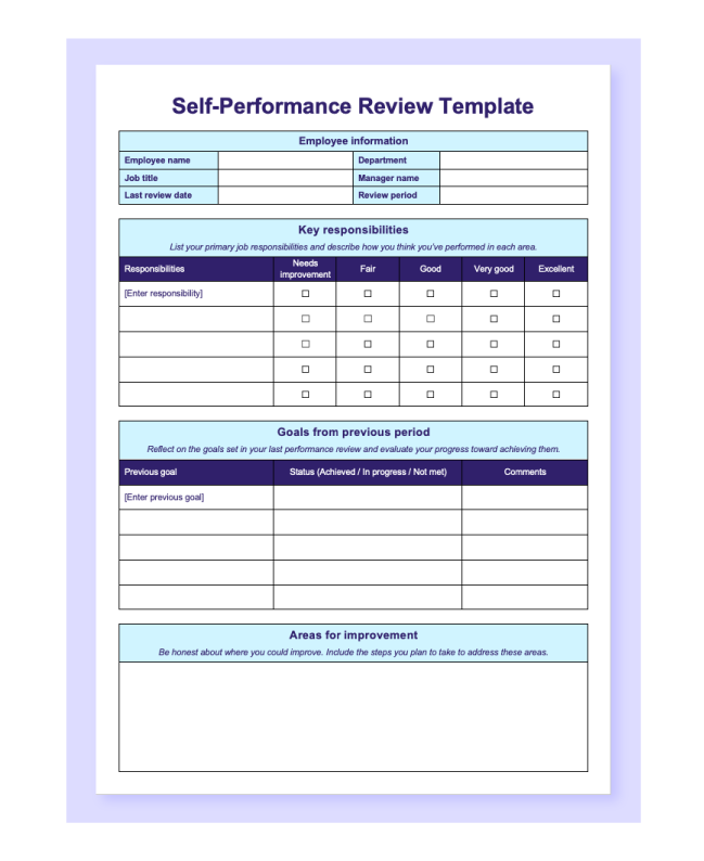 Preview of a self-performance review template in Word.