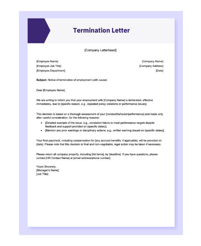 A preview of the termination letter template in Word.