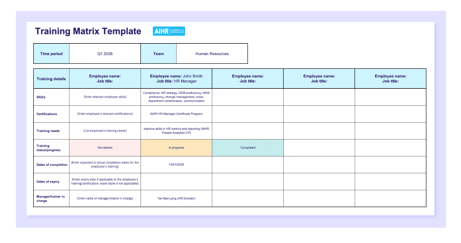 Preview of the training matrix template in Excel.