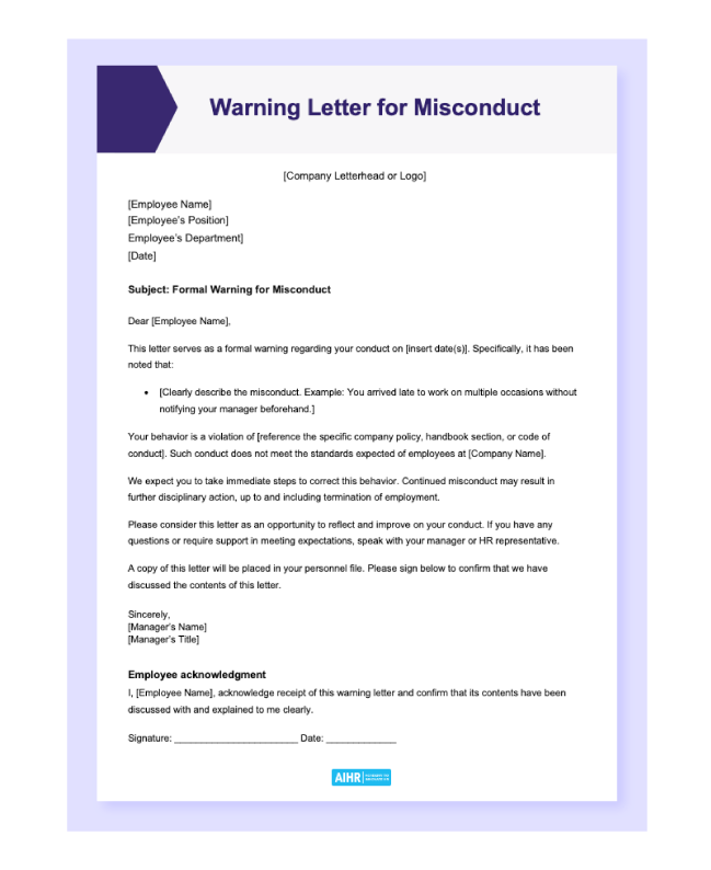 Preview of the “Warning letter template for misconduct” in a Word document.